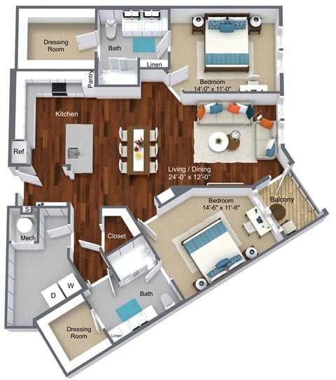 Floor plan for 2 beds, 2 baths, 1372 sqft